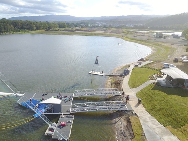 An aerial view of the wake park during construction